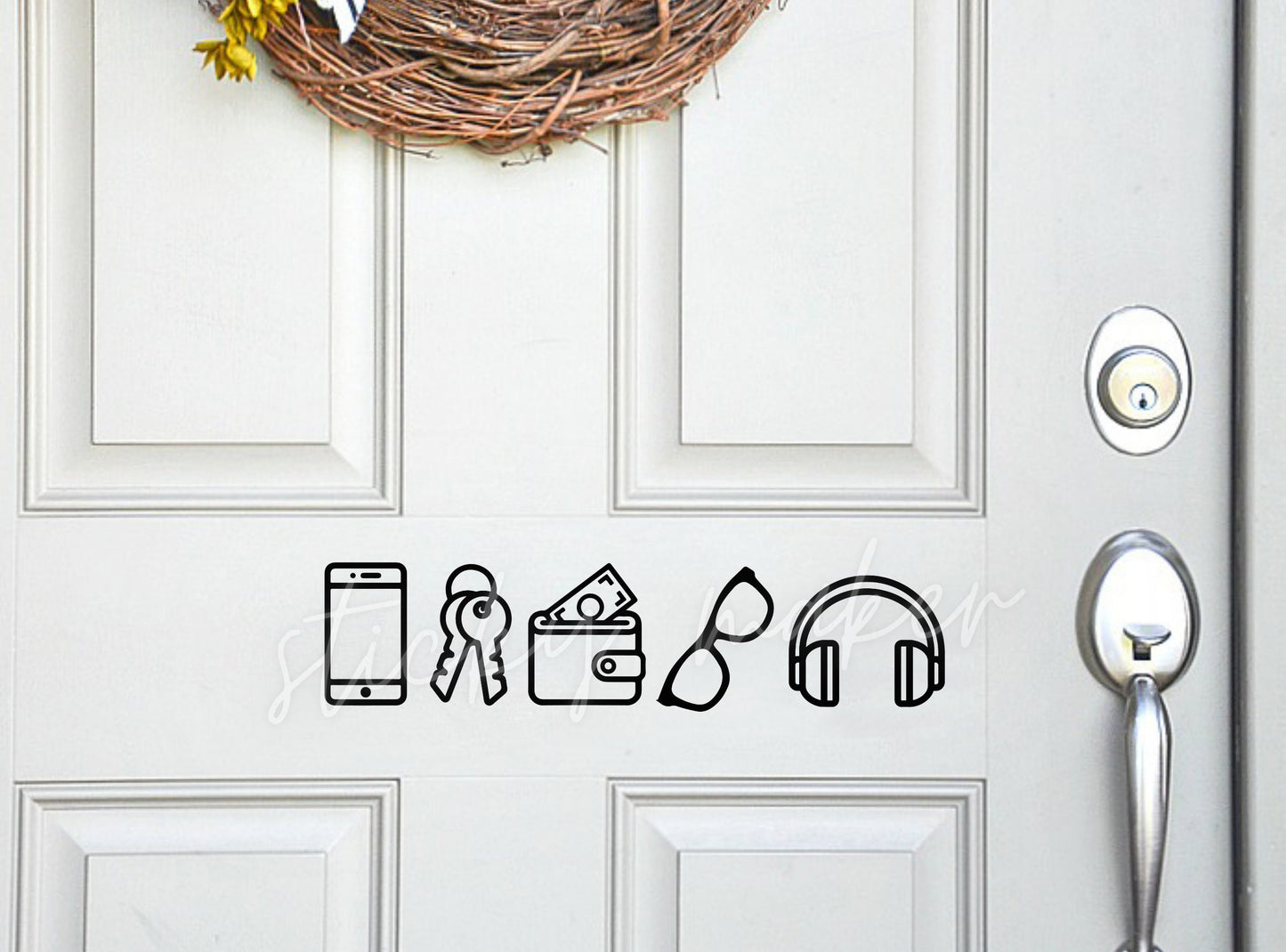 Phone Keys Wallet Glasses Headphones Door Vinyl Decal | Before Leaving Reminder | Guest Reminder | Home Decor | Welcome | Door Sign - Sticky Maker