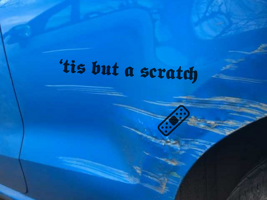 Tis But a Scratch Vinyl Decal Set – Funny Car Dent Sticker + Band-Aid Decal