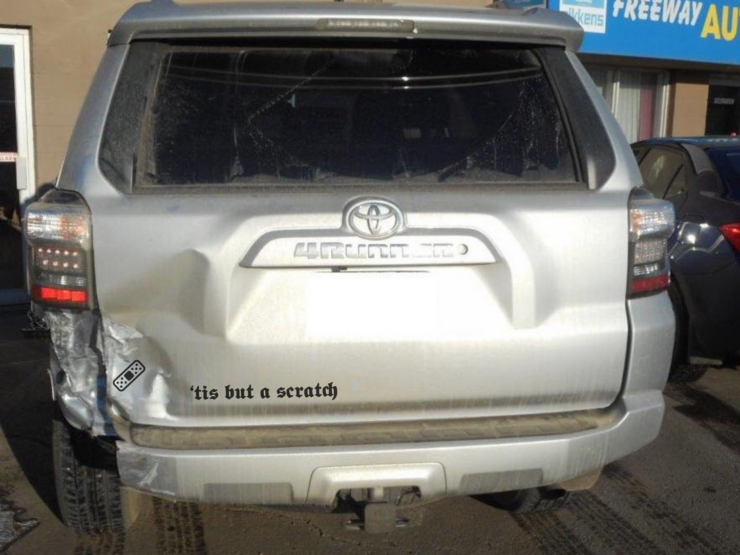 Tis But a Scratch Vinyl Decal Set – Funny Car Dent Sticker + Band-Aid Decal