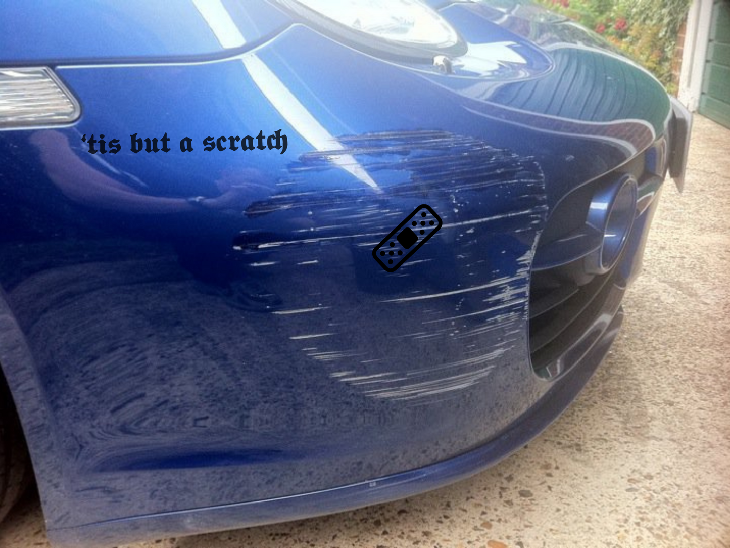 Tis But a Scratch Vinyl Decal Set – Funny Car Dent Sticker + Band-Aid Decal